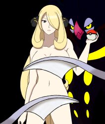  blonde_hair bottomless breasts censored convenient_censoring cynthia expressionless femsub grey_eyes large_breasts looking_at_viewer malamar navel nintendo nude open_mouth pokeball pokemon pokemon_diamond_pearl_and_platinum sendy1992 standing topless very_long_hair 