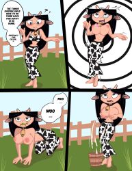 animal_ears bare_breasts barefoot black_hair blue_eyes breasts collar cow_girl cow_print cowbell disney feet femsub hucow hypnotic_accessory isabella_garcia-shapiro lactation phineas_and_ferb text