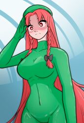 bodysuit braid disguised_hypnotist empty_eyes hat hong_meiling red_hair saluting tagme touhou 