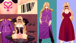 3d alternate_costume armpits arms_above_head ball_gag barcode bare_shoulders before_and_after black_cat_(manga) blindfold blonde_hair blue_background blue_eyes blush bondage boots choker cleavage clothed_exposure collarbone corset crotch_tattoo dead_source dress drool expressionless female_only femsub gag gloves huge_breasts koikatsu! long_hair looking_at_viewer nipples opera_gloves pantyhose pussy pussy_juice rain_(artist) red_background sephiria_arks shoes shoulder_pads simple_background spread_legs squatting standing sweat tattoo thighhighs tie very_long_hair