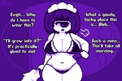 bikini breasts cleavage cyclops feather_duster huge_breasts maid maid_headdress micro_bikini monster_girl navel octette_(octotron2000) octotron2000 original pixel_art pov_dom purple_hair short_hair solo text thick_thighs white_skin wide_hips