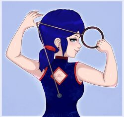 blue_eyes blue_hair china_dress cute_emmy dollification female_only femsub happy_trance looking_at_viewer looking_back marinette_dupain-cheng miraculous_ladybug short_hair solo