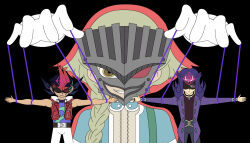 absurdres blonde_hair braid corruption evil_smile expressionless human_puppet liquidphazon male_only maledom malesub mask multiple_subs puppet red_eyes reginald_kastle simple_background smile vetrix yellow_eyes yu-gi-oh! yu-gi-oh!_zexal yuma_tsukumo