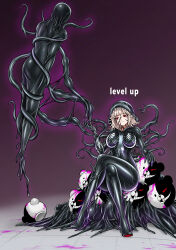  absorption absurdres alien androgynous_dom androgynous_sub aura blackftos bodysuit breasts chiaki_nanami crossed_legs crossover dangan_ronpa english_text eye_color_change femsub gradient_background hanging_down high_heels hood hypnotized_dom large_breasts marvel_comics monokuma parasite possession red_eyes sharp_teeth sitting spider-man_(series) symbiote tentacles text tight_clothing venom_(marvel) 