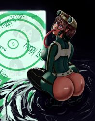 absurdres ass bodysuit breasts cosplay femsub foolycooly frog_girl gemna_(mezz+pokemongirl) large_ass large_breasts latex my_hero_academia open_mouth original short_hair spiral_eyes symbol_in_eyes text tongue tongue_out tsuyu_asui