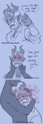  absurdres androgynous androgynous_dom beard before_and_after chin_hold dazed dialogue elf_ears horns male_only malesub marcus_(scalesandspirals) original ring_eyes scalesandspirals simple_background sleep_command sleeping spiral text tiefling white_hair wholesome 