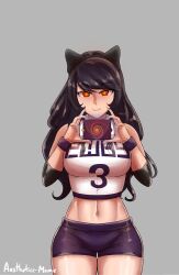 absurdres aestheticc-meme black_hair blake_belladonna bow breasts cell_phone female_only femsub gym_uniform happy_trance hypnotic_screen icontrol_(manipper) large_breasts long_hair looking_at_viewer manip navel rwby shorts smile solo spiral_eyes symbol_in_eyes wrist_band