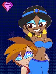  aged_up aladdin_(series) arms_above_head barefoot black_hair blue_background blue_eyes brown_eyes brown_hair cleavage dark_skin disney earrings eyebrows_visible_through_hair eyelashes eyeshadow femdom happy_trance heterosexual hypnoscream hypnotic_ass jewelry kingdom_hearts large_breasts love malesub midriff navel necklace princess princess_jasmine royalty seductive_smile shiny_hair shiny_skin sora spiralwash_eyes square_enix tank_top tied_hair watermark wide_hips 