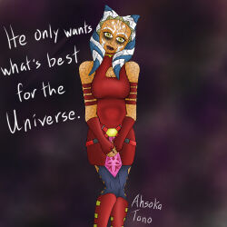 ahsoka_tano bare_shoulders belt cleavage corruption female_only femdom leopardstarsilver lipstick looking_at_viewer pov pov_sub skirt smile solo standing star_wars tentacles text thighhighs togruta twintails yellow_eyes