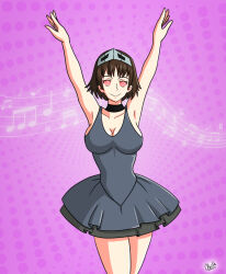 alerith alternate_costume arms_above_head ballerina black_hair breasts brown_hair cleavage dancer dancing female_only femsub happy_trance hypnotic_music large_breasts makoto_niijima music persona_(series) persona_5 short_hair smile solo spiralwash_eyes thighs tutu