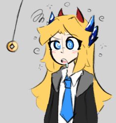 blonde_hair blue_eyes blush coin confused crystal drool female_only femsub grey_background horns jacket long_hair love_(skecchyartist) open_mouth original pendulum simple_background skecchyartist spiral_eyes tie tongue