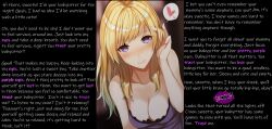 babysitter blonde_hair bluegreenbeetle_(manipper) blush breasts caption caption_only cleavage female_only femdom fumei hypnotic_eyes hypnotic_kiss kissing large_breasts leaning_forward long_hair looking_at_viewer male_pov manip maribel_hearn pov pov_sub purple_eyes smile text touhou