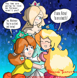  blonde_hair breasts brokenteapot crown dialogue empty_eyes female_only femdom femsub gloves hair_covering_one_eye hypnotic_accessory jewelry large_breasts multiple_girls nintendo opera_gloves princess princess_daisy princess_peach princess_rosalina super_mario_bros. text 