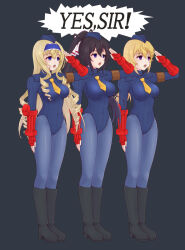  black_hair blonde_hair bodysuit boots brown_hair cecilia_alcott charlotte_dunois empty_eyes femsub hat houki_shinonono infinite_stratos latex leotard open_mouth saluting shadaloo_dolls standing standing_at_attention street_fighter text tie 