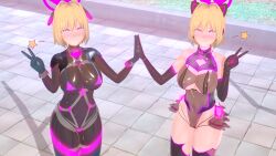  3d bangs bare_shoulders blonde_hair blush bodysuit boots breasts cleavage collar empty_eyes fake_animal_ears female_only femsub gloves glowing halo happy_trance kaints koikatsu! latex leotard looking_at_viewer multiple_girls multiple_subs navel nipples opera_gloves pink_eyes rubber see-through smile standing tech_control thigh_boots thighhighs tight_clothing underboob v visor 