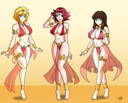  alerith barefoot blonde_hair brown_hair code_geass crossover dana_sterling empty_eyes feet femsub happy_trance harem_outfit kallen_stadtfeld large_breasts posing red_hair robotech_the_masters setsuko_ohara super_robot_wars 