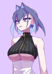  blue_eyes blue_hair clothed femsub hololive hololive_english kronii_ouro large_breasts open_mouth short_hair spiral_eyes standing underboob virtual_youtuber zenox5300 