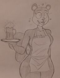  apron beer buck_teeth crossed_eyes drool female_only femsub furry ghostec greyscale happy_trance naked_apron nude open_mouth sandy_cheeks shrunken_irises solo spongebob_squarepants_(series) squirrel_girl standing traditional tray waitress 