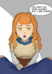  black_clover breasts bulge clothed comic dialogue fijin green_eyes mimosa_vermillion orange_hair text 