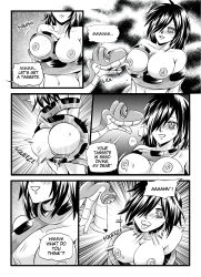  ahegao asphyxiation ass_grab black_hair blush breast_fondling coils comic dialogue disney hair_covering_one_eye happy_trance kaa kaa_eyes large_ass large_breasts licking long_hair monochrome nilanandita nude original snake speech_bubble text the_jungle_book 