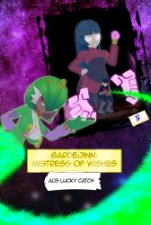  aware black_hair clothed cover dogdog english_text gardevoir genie green_eyes green_hair long_hair nintendo pink_eyes pokeball pokemon pokemon_(creature) pokemon_red_green_blue_and_yellow red_eyes sabrina team_rocket team_rocket_grunt text 