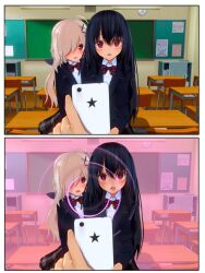  3d ahoge before_and_after black_hair blackboard blush bow_tie cell_phone classroom comic corruption custom_maid_3d_2 dazed femsub hair_ornament hypnotic_app large_breasts long_hair looking_at_viewer maledom mudohan180926 multiple_girls multiple_subs open_mouth phone pov pov_dom red_eyes school_uniform skirt spiral tech_control 