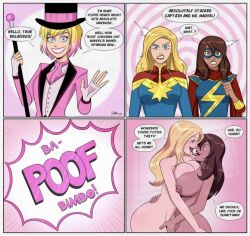  ass ass_expansion bimbofication blonde_hair blue_eyes bottomless brain_drain breast_expansion breast_press breasts brown_eyes brown_hair captain_marvel carol_danvers clothed comic dialogue english_text eye_color_change eye_mask female_only femdom femsub fingerless_gloves gloves gwen_poole happy_trance hat instant_loss kamala_khan kissing large_breasts long_hair looking_at_viewer marvel_comics masturbation ms._marvel multicolored_hair multiple_girls multiple_subs nipples nude open_mouth pink_eyes pink_hair polmanning smile speech_bubble spiral_background staff sub_on_sub super_hero text tongue tongue_out topless yuri 