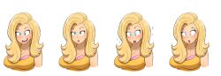 absurdres before_and_after bimbofication blonde_hair blue_eyes breasts cleavage clothed collarbone crossed_eyes drool empty_eyes femsub kobi94 large_breasts long_hair open_mouth original pink_eyes simple_background sparkle tank_top 