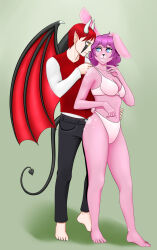  bare_shoulders barefoot bat_wings blue_eyes bunny_girl cleavage clothed curvy d-zen_(vanillahypnotist) demon demon_boy elf_ears empty_eyes femsub happy_trance horns incubus lingerie maledom non-human_feet original painting-pangolin pink_skin purple_hair red_hair sakura_(gamin_gryff) short_hair standing tail thick_thighs wings yellow_eyes 