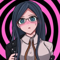  86koji blue_eyes blush breasts dangan_ronpa dangan_ronpa_v3 drool female_only femsub glasses heart_eyes long_hair looking_at_viewer open_mouth solo spiral_background spiral_eyes sweat symbol_in_eyes tsumugi_shirogane undressing 