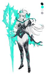 alternate_costume alternate_hairstyle black_sclera body_markings butterfly control_indicator corruption crown earrings expressionless eye_color_change femsub floating green_eyes grey_hair gwen_(league_of_legends) hair_color_change kkotkke league_of_legends maledom pale_skin possession ruination smoke thighhighs thighs very_long_hair viego_(league_of_legends) weapon white_hair