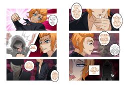 antiyuri_app blue_eyes border cigarette clothed comic dialogue english_text erasethismail hoodie hypnotic_app male_only maledom malesub multiple_boys orange_hair original scared short_hair simple_background speech_bubble text violence