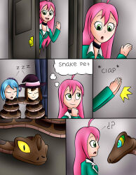 comic english_text femsub hypnotic_eyes jerrydestrtoyer kai_(pieman754) kurumu_kurono long_hair moka_akashiya original pink_hair rosario+vampire sleeping snake text yukari_sendo