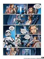 artist_request black_eyes brown_hair comic femdom gun jedi_mind_trick lying malesub open_mouth resisting rey_(star_wars) standing standing_at_attention star_wars stormtrooper text