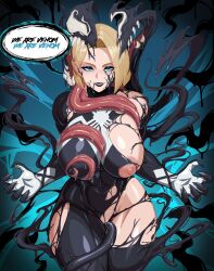 absurdres alien alternate_costume androgynous_dom black_lipstick blonde_hair blue_eyes breast_fondling breasts corruption crotch_rub dialogue emma_frost english_text eyeshadow femsub front_back_watch happy_trance large_breasts lipstick living_costume long_tongue looking_at_viewer makeup marvel_comics marvel_rivals nipple_play nipples parasite possession pussy_juice sharp_teeth short_hair smile speech_bubble spider-man_(series) symbiote tentacles text thick_thighs thighs tongue tongue_out venom_(marvel) x-men