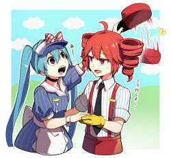  ahoge amanerei black_eyes blue_hair butterfly choker clothed drill_hair empty_eyes eyebrows_visible_through_hair fangs female_only femsub gloves hat heavy_eyelids looking_at_viewer mesmerizer_(vocaloid) miku_hatsune open_mouth pants partially_translated red_eyes red_hair ribbon shirt skirt sweat t-shirt teto_kasane text tie tongue tongue_out translation_request twin_braids twintails vocaloid waitress yuri 