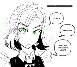 bow_tie dress earrings eyebrows_visible_through_hair female_only femsub glowing_eyes green_eyes humor looking_at_viewer maid maid_headdress majinsfw original short_hair simple_background solo text unaware veronica_nightingale_(majinsfw) white_background