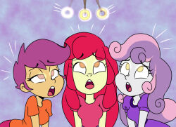  apple_bloom dress equestria_girls glowing_eyes grey_skin lirudraw long_hair my_little_pony open_mouth pendulum pink_hair purple_hair red_hair scootaloo short_hair sweetie_belle yellow_skin 