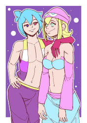  aged_up ahoge amitie arm_warmers bare_shoulders blonde_hair blue_hair collarbone ef-nsfw femsub green_eyes happy_trance harem_outfit hat heterochromia love midriff navel non-binary non-binary_dom open_clothes pants pride_colors puyo_puyo short_hair sig simple_background smile smug spiralwash_eyes transgender_identity vest 