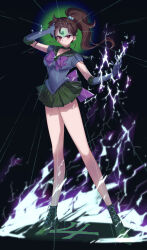  a.m. absurdres bare_legs boots breasts brown_hair choker corruption earrings female_only glowing high_heels looking_at_viewer magical_girl opera_gloves ponytail red_eyes ribbon sailor_jupiter sailor_moon_(series) short_skirt skirt smirk solo symbol 