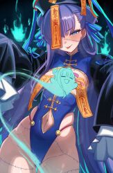absurdres blue_eyes breasts cameltoe chibi closed_eyes clothed_exposure ebora eyelashes fate/extra fate/extra_ccc fate/grand_order fate_(series) femsub ghost_girl glowing hair_buns hair_ribbon hat jiangshi licking_lips long_hair looking_at_viewer magic meltryllis naughty_face naughty_smile navel o-nine passionlip purple_hair ribbon small_breasts smile solo talisman text thigh_gap thighs tongue_out undead_girl very_long_hair