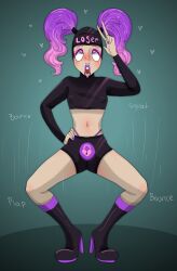  crop_top erect_nipples_under_clothes eyeshadow high_heels humiliation latex lila_lovestar_(sinfulwalpurrgis) lipstick midriff mortimer_todd navel non-binary non-binary_sub null_bulge original purple_hair ring_eyes shorts sissy spiral_eyes squatting symbol_in_eyes text thong tongue_out twintails v 