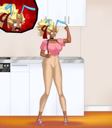  antenna blonde_hair blue_eyes bluebullpen candy choker comic dark_skin earrings hair_ribbon kitchen large_breasts mihoshi_kuramitsu open_mouth pants ponytail sandals story suspenders tenchi_muyo! tenchi_universe tight_clothing transformation 