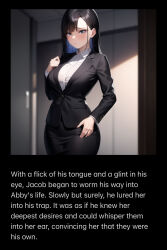    ai_art black_hair breasts business_suit caption caption_only femsub large_breasts long_hair maledom manip stable_diffusion_(ai) text 