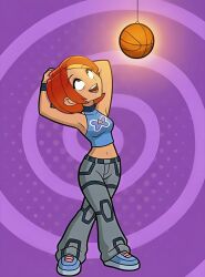  basketball butterfly_(planetronika) dazed drool female_only femsub happy_trance multicolored_hair orange_hair pendulum planetronika posed purple_background shirt shoes smile spiral_background 