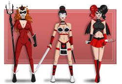 alternate_costume batman_(series) batwoman black_hair boots breasts collar corruption dc_comics enemy_conversion evil_smile face_paint female_only femsub happy_trance harley_quinn high_heels katana kate_kane large_breasts lipstick long_hair makeup mera_(dc_comics) polmanning red_hair short_hair smile super_hero thigh_boots twintails western