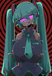  bare_shoulders chilopodatn clothed crossed_arms dazed female_only femsub glowing_eyes hair_ornament huge_breasts long_hair miku_hatsune open_mouth purple_eyes ring_eyes skirt solo spiral spiral_background spiralwash_eyes tagme tie twintails unhappy_trance vest vocaloid 