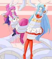  a_singular_fish bangs bare_shoulders blue_hair blush bow_tie brushing_hair bunny_ears bunnysuit cleavage clothed coils collarbone dress eirika_(fire_emblem) eyebrows_visible_through_hair fake_animal_ears female_only femsub fire_emblem fire_emblem_heroes fire_emblem_the_sacred_stones flower flower_in_hair gloves hair_band hanging_down happy_trance high_heels kaa_eyes large_breasts leotard long_hair marisa_(fire_emblem) multiple_doms multiple_girls multiple_subs nintendo open_mouth ponytail restrained see-through sitting skirt slippers smile snake thighhighs tight_clothing 