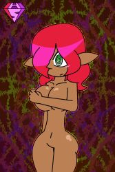  aged_up alternate_hairstyle before_and_after blush collarbone dark_skin elf_ears embarrassed gerudo green_eyes hair_covering_one_eye hypnoscream large_breasts makeela_riju navel nintendo nude red_hair ring_eyes shiny_hair shiny_skin simple_background standing tears_of_the_kingdom the_legend_of_zelda thighs wide_hips 