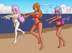  bangs beach bikini blue_eyes bonnie_(daehypeel) danna_(giant93) dark_skin empty_eyes expressionless female_only femsub hair_ornament happy_trance laurie_(mannybot) long_hair midriff music mythkaz orange_hair original pink_hair purple_hair spiralwash_eyes tied_hair water zombie_walk 